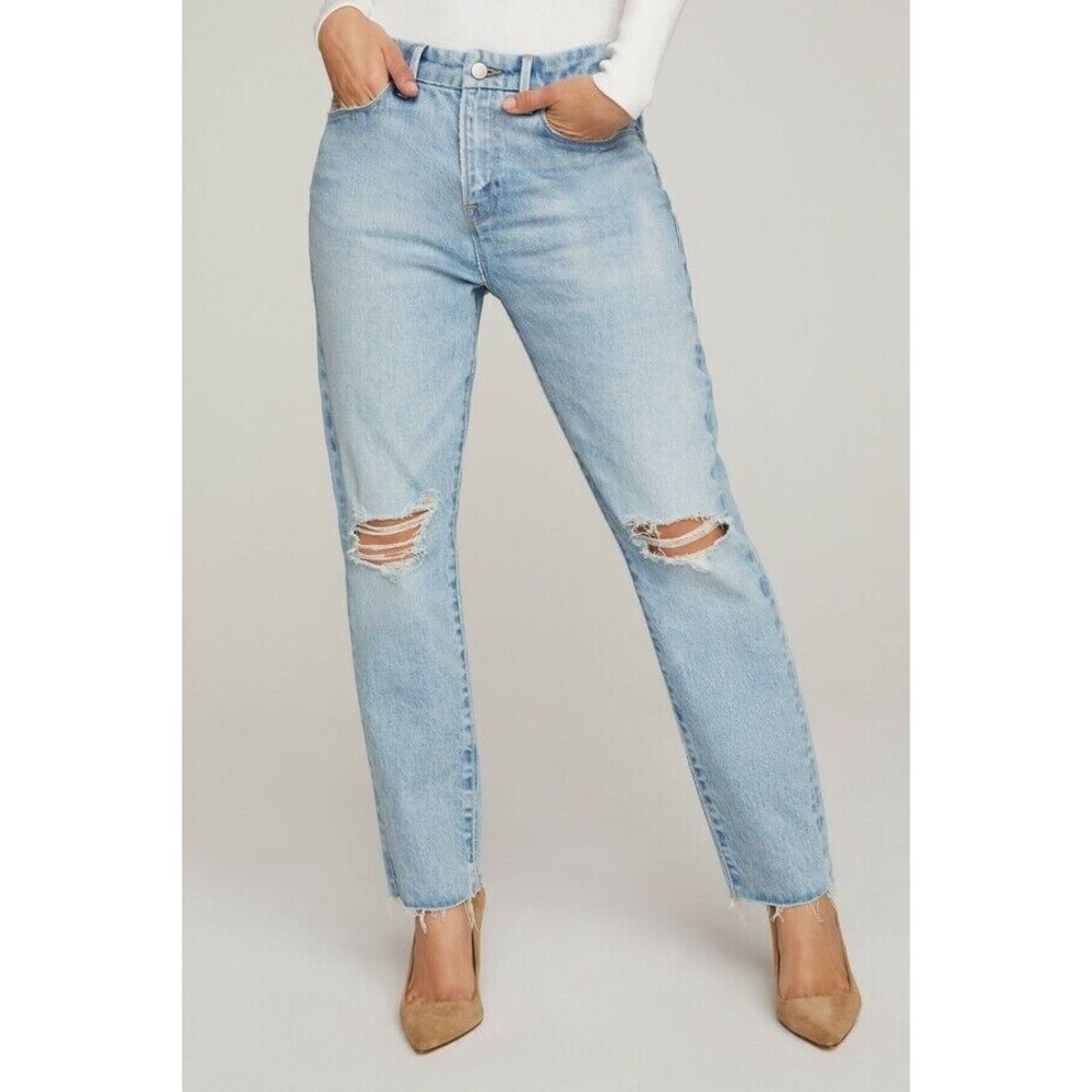 Good American Good Girlfriend Denim Jean 2 26 Distressed Light Blue Wash Raw Hem